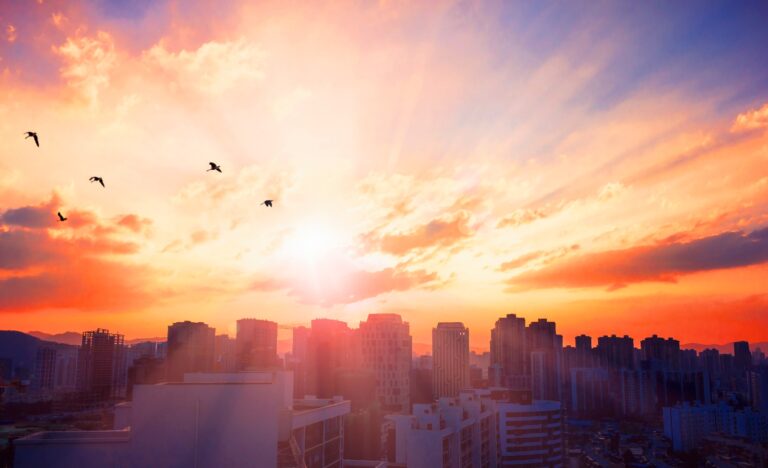 sunrise over a big city landscape showing daily habits for successful people.
