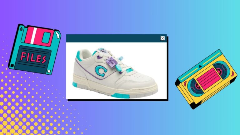 Coach soho sneaker '90s pack edition on 1990s themed backdrop with computer window, floppy disk design and VHS tape