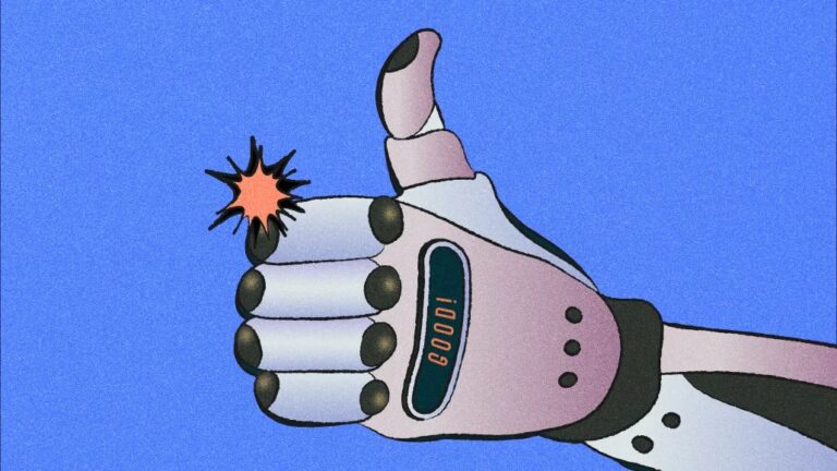 Illustration of a robotic hand giving a thumbs up with the word “GOOD!” on its display, symbolizing the positive impact of AI integration in ad tech.