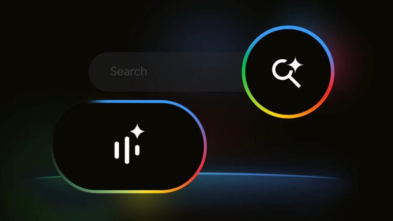 Google&apos;s Search Live icon and search icon against a dark background.