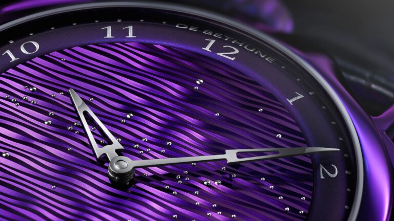 A close-up of the purple dial of the De Bethune DB28xs Purple Rain