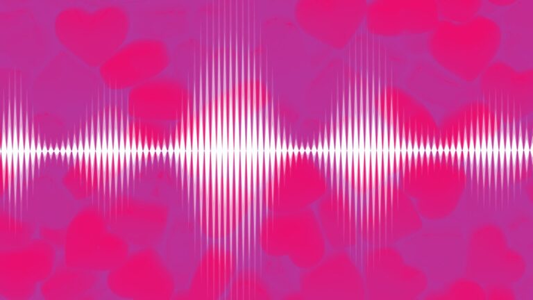 grapic depiction of white soundwaves on pinkish background