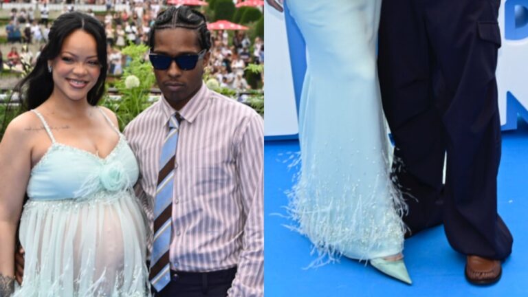Rihanna and A$AP Rocky wearing dress shoes at "Smurfs" Brussel premiere