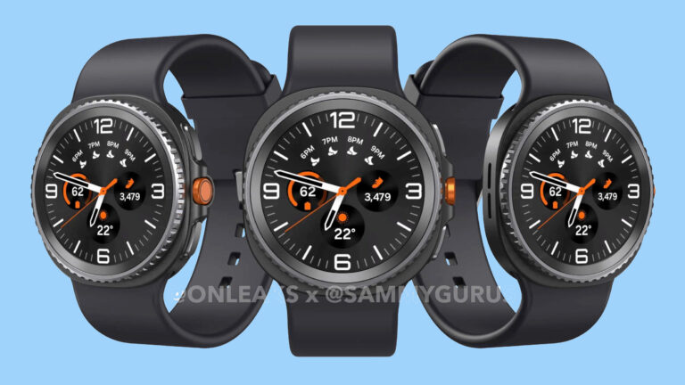 Renders of the Samsung Galaxy Watch 8 Classic on a blue background