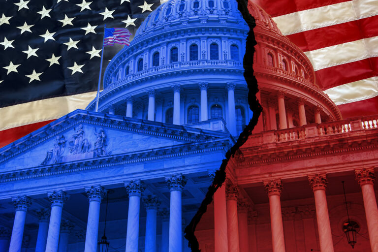 Image shows the U.S. Capitol Building split between Democrat blue and Republican red.