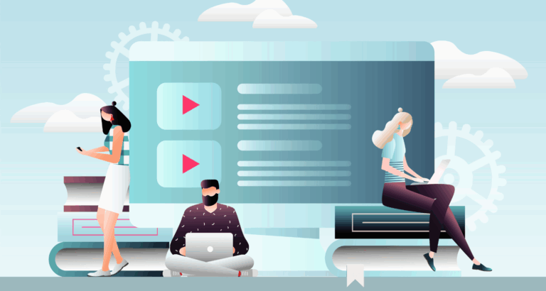 Illustration showcasing small business owners learning commerce courses online.