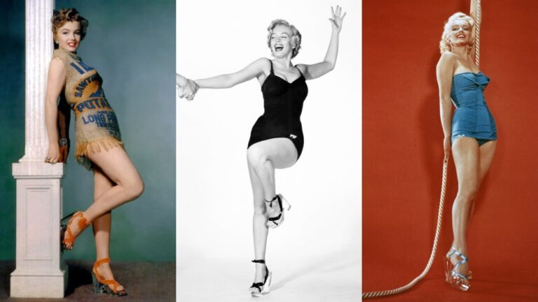 Marilyn Monroe wearing clear platform block heels with interchangeable ribbons.
