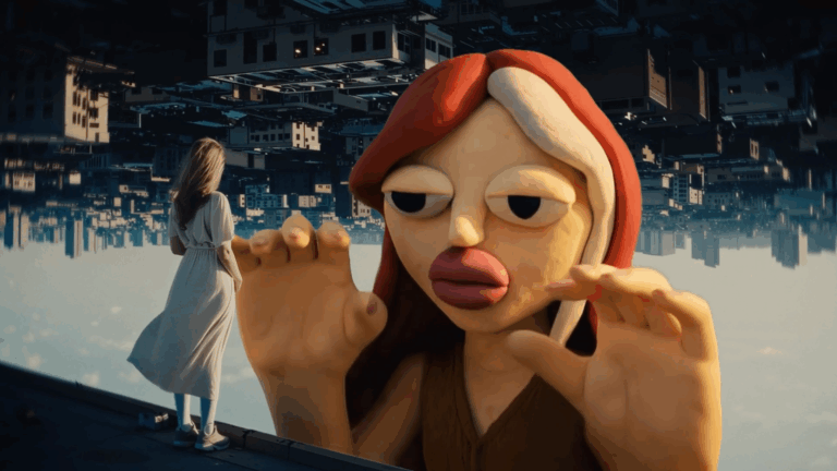 An image from an AI-generated video made with Adobe Firefly showing a girl, an upside-down city and an enormous claymation doll