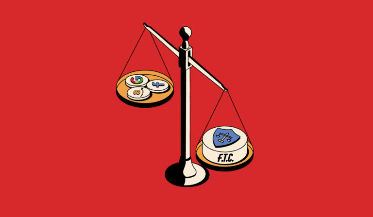 Illustration of a scale with the FTC on one side and platform logos on the other.