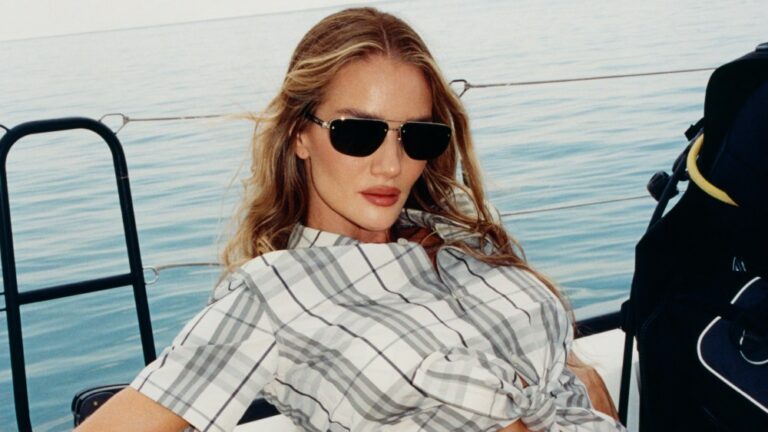 Rosie Huntington-Whiteley wearing a check bikini in Burberry's high summer 2025 campaign.