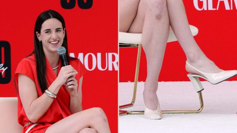 Caitlin Clark wearing Prada's ivory patent leather slingback pumps on Saturday. Caitlin Clark shoe style, white slingback heels, patent leather pumps