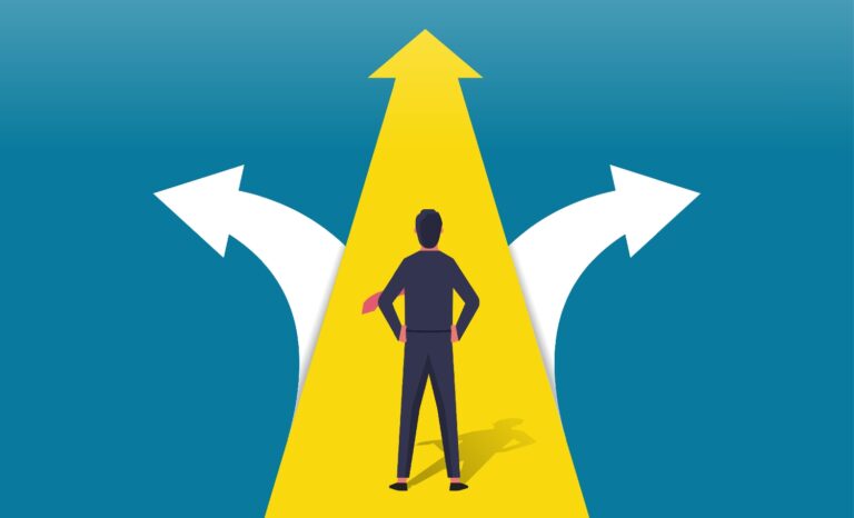 Illustration showcasing an SMB owner looking at three arrows or paths to CRM success with Salesforce.