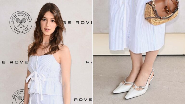 Daisy Edgar-Jones in kitten heel slingback shoes and a Gucci ensemble at Wimbledon on Sunday.