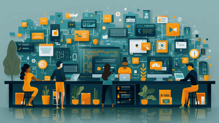 Illustration of a long table with diverse co-workers sitting and standing with their computers. There's a collage of shapes in the background that represent digital screens and connectivity.