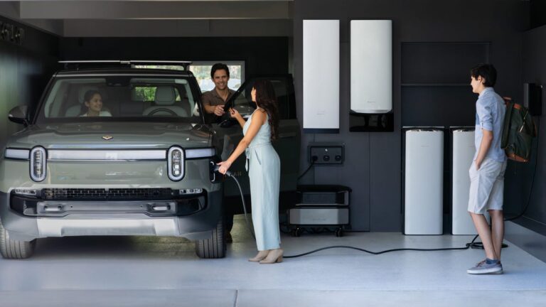EcoFlow Introduces New Home Battery to Aid in Disaster Preparedness The Ocean Pro battery in a garage charging an EV.