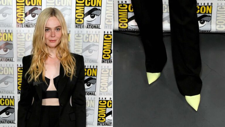 Elle Fanning in neon green pumps while at 2025 Comic-Con promoting "Predator: Badlands" on Saturday.
