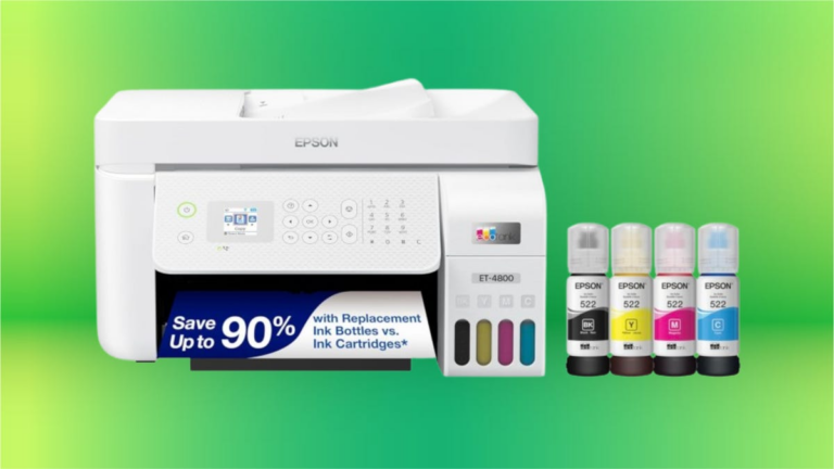 White super tank printer, right: four ink colors. Background: lime and grass green gradient.