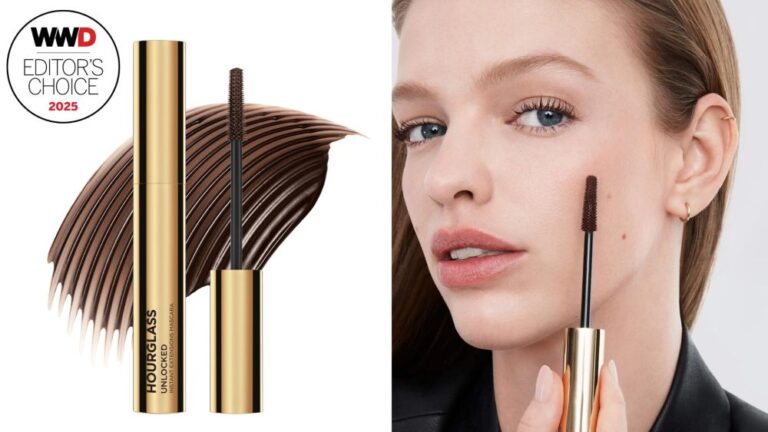 Hourglass tubing mascara in brown with swatch; woman testing Hourglass mascara in brown