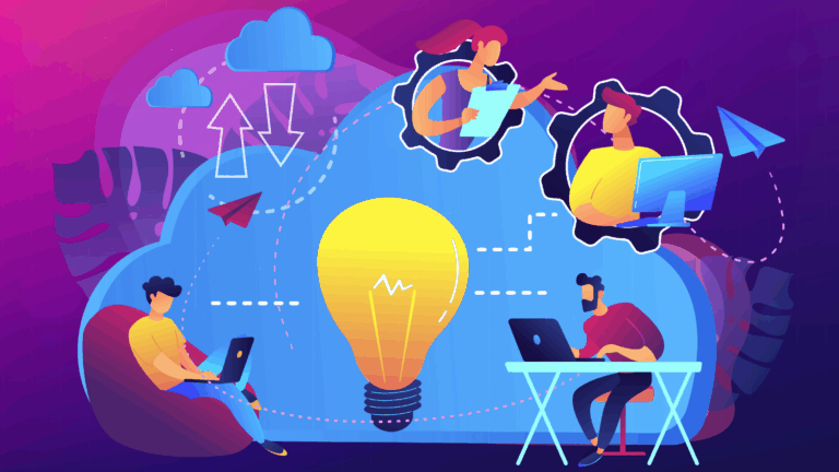 On a purple gradient background are four illustrations of people working at computers situated around an oversized lightbulb superimposed on a large blue cloud signifying hybrid collaboration.