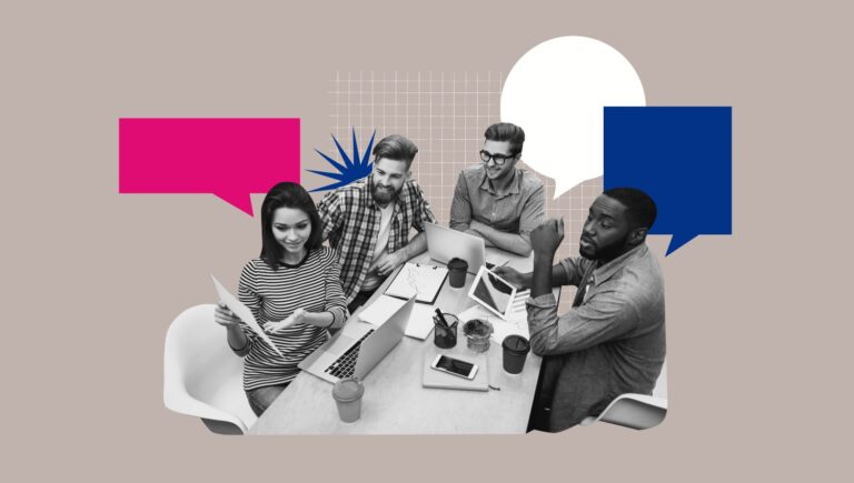 3D collage poster template trend artwork sketch of human resources employment recruitment manager colleagues coworking sit table chatting.
