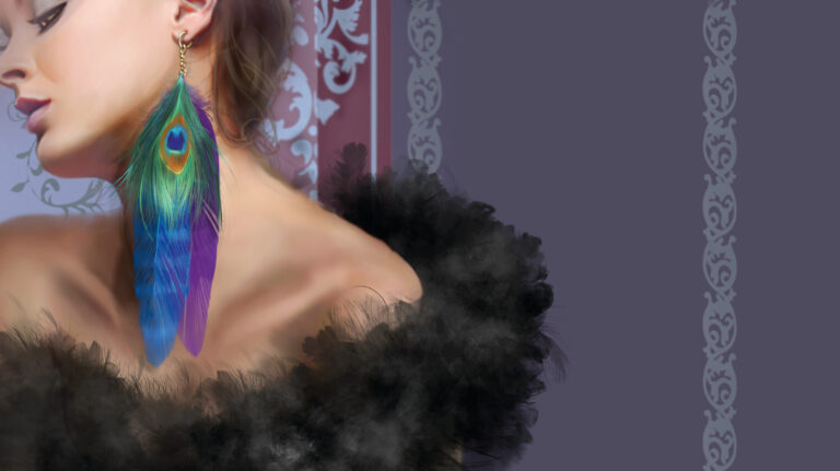 How to paint fabric and metal textures that bring clothing to life in digital art Drazenka Kimpel's fabric tutorial: image showing a lady with feathers