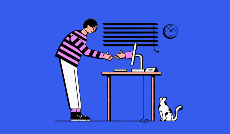 Illustration of a hand reaching of a computer screen to shake a man's hand.