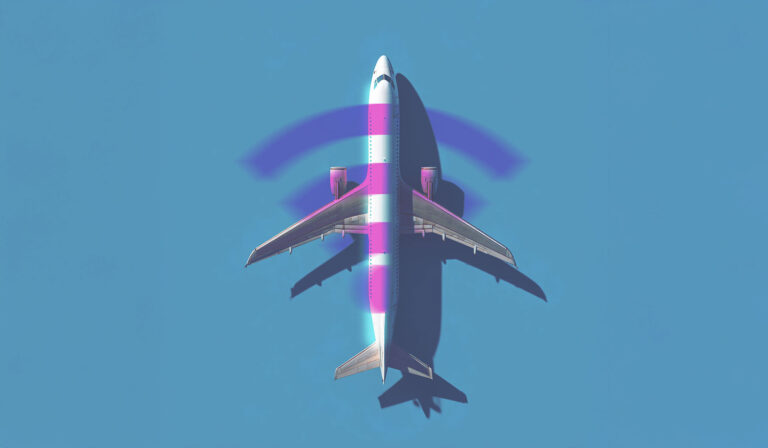 A commercial airplane in flight with digital signal/internet waves, symbolizing in-flight connectivity and advertising opportunities at 30,000 feet