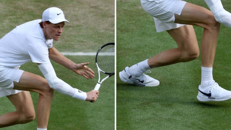 Jannik Sinner wearing Nike GP Challenge 1 Premium Tennis Shoes during the Wimbledon men's single finals on Sunday.