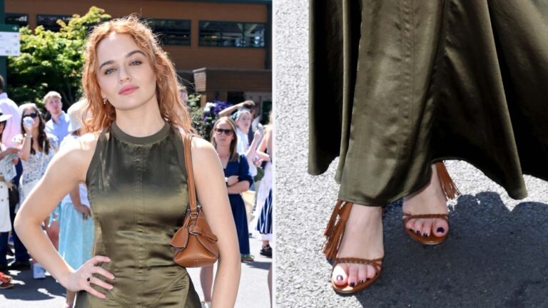 Joey King in a full Ralph Lauren look, including the Alexandrea Burnished Sandal in RL Gold, at Wimbledon on Saturday.