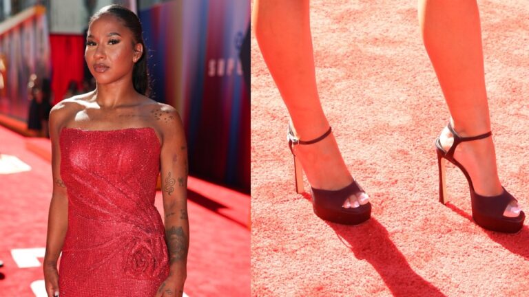 Jordan Chiles arrives at the Los Angeles Premiere Of Warner Bros. "Superman"  at TCL Chinese Theatre on July 07, 2025 in Hollywood, California.