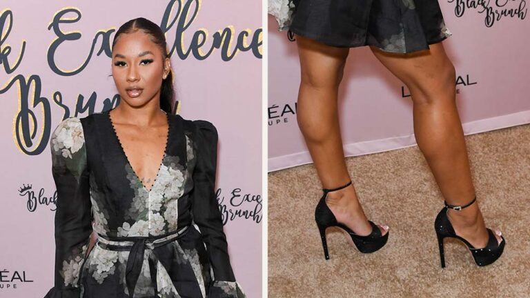 Jordan Chiles arrives at 2025 Black Excellence Brunch on July 6, 2025 in New Orleans in sky-high glittering black platform heels.