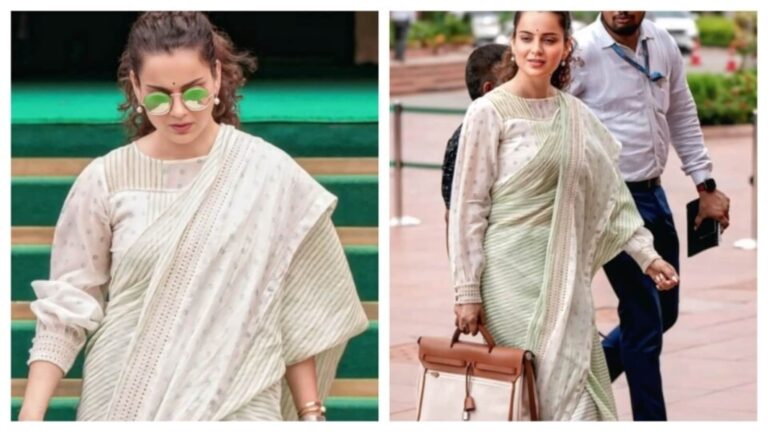 Kangana Ranaut attends Parliament session in cotton saree, pairs with Hermes bag worth ₹4 lakh | Fashion Trends