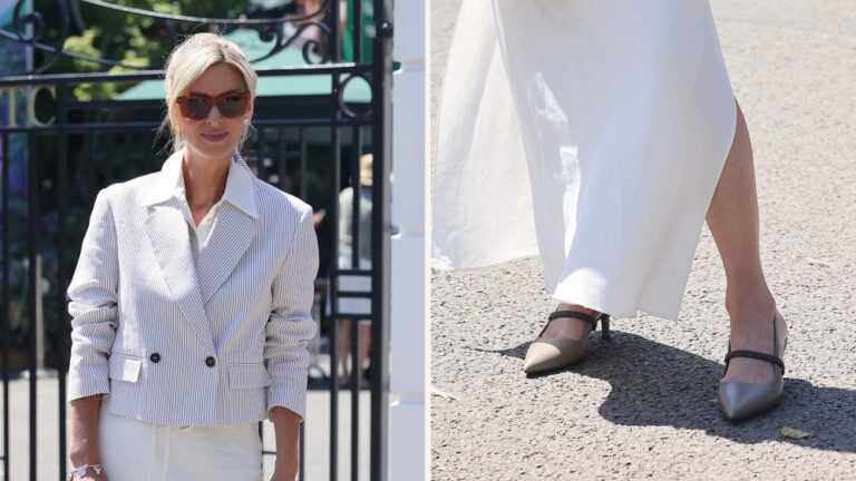 Nicky Hilton Rothschild wearing Brunello Cucinelli city heels in light grey at Wimbledon on Saturday.