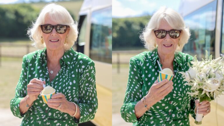 CALNE, ENGLAND - JULY 10: Queen Camilla smiles with a bouquet of flowers and an ice cream from Joanna Weaver's ice cream van during a visit to celebrate the 50th anniversary of the Wiltshire and Swindon Community Foundation at Manor Farm on July 10, 2025 in Calne, England. (Photo by Chris Jackson/Getty Images)