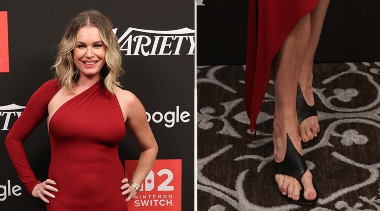 Rebecca Romijn wearing Ferragamo sandals with a graphic detail at the 2025 San Diego Comic-Con.