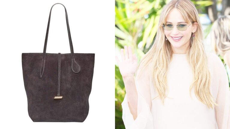 liffner suede tote bag over white background; jennifer lawrence wearing sunglasses and waving at a camera