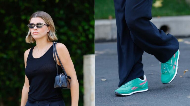 Sofia Richie Grainge wears Reebok Classic AZ sneakers in the new colorway Upgrade Green/Passion Pink in Los Angeles on Monday.