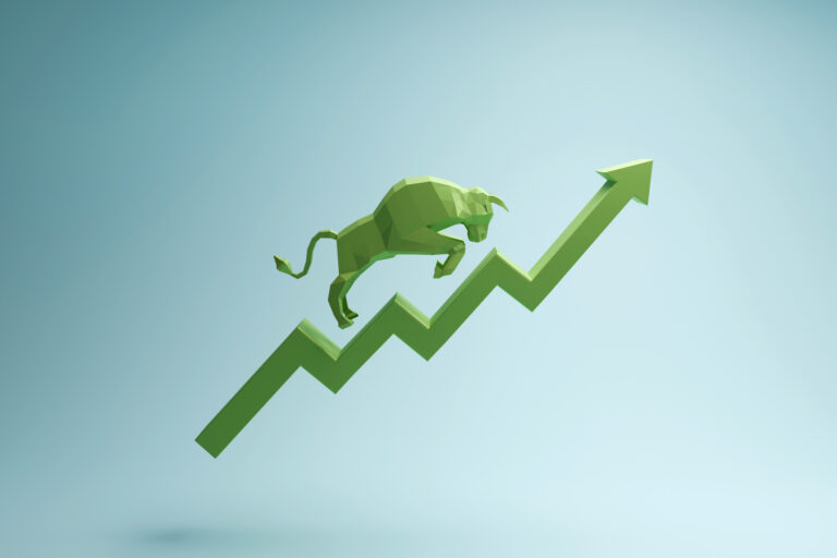 a green bull climbs a green arrow higher