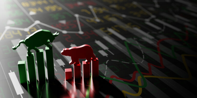 green stock bull vs red stock bear candlesticks chart lines mixed together