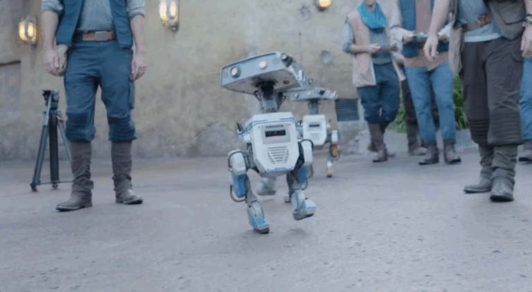 A Star Wars BDX Droid robot walking around Disneyland.
