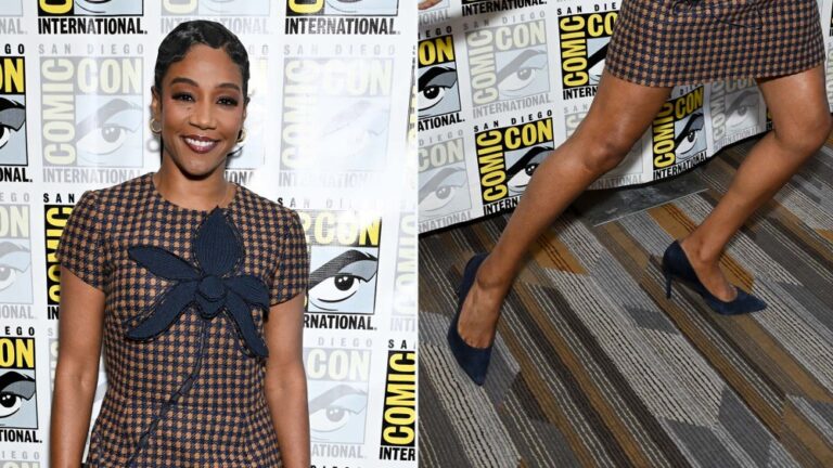 Tiffany Haddish wears navy blue suede high heels to promote "Solar Opposites" at San Diego Comic-Con 2025.
