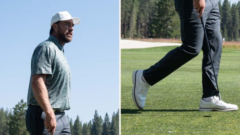 Travis Kelce wearing Sun Day Red Pioneer Magnolia Golf Shoes during the first round of the ACC Celebrity Golf Tournament.