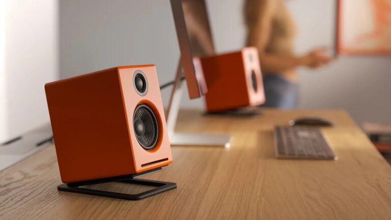 Audioengine A2+ powered speakers in matte orange