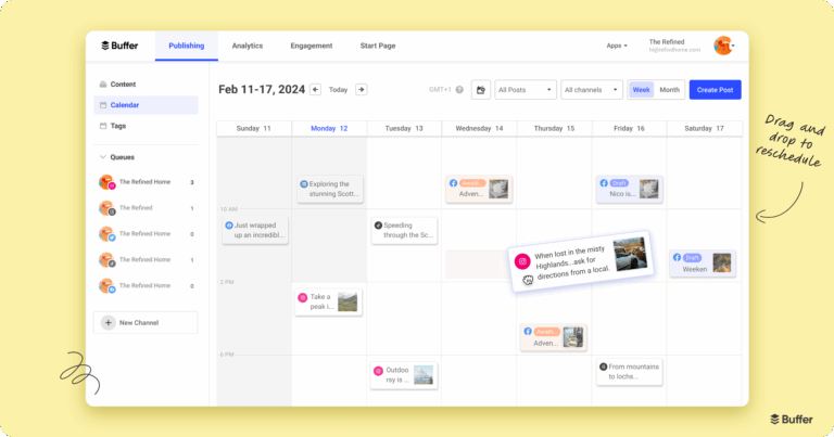 screenshot of the social media calendar in Buffer, showing posts scheduled across multiple social platforms