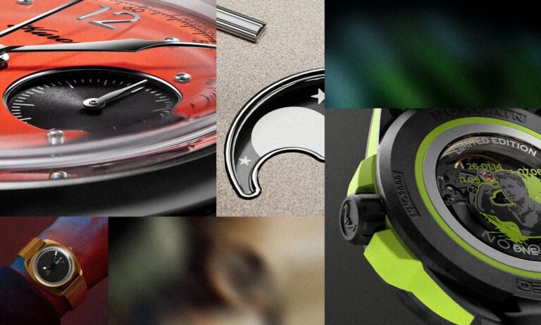 Close-up views of various watches and watch details, including an orange dial with a subdial, a moon phase indicator, a gold wristwatch on a wrist, and the back of a limited edition watch with green accents and visible internal mechanisms.