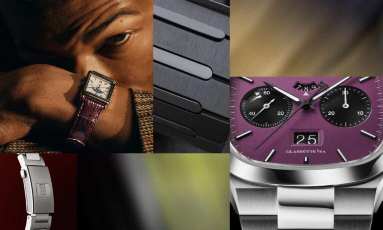 A collage featuring close-up images of luxury watches. The top left shows a person wearing a rectangular watch with a white dial and a purple leather strap. The top center displays a close-up of a black metal watch bracelet with a brushed finish. The bottom left highlights a silver metal watch clasp with an engraved logo. The right side features a close-up of a watch face with a purple dial, two black subdials, silver hour markers, and a date window showing the number 25, with a silver metal bracelet below.
