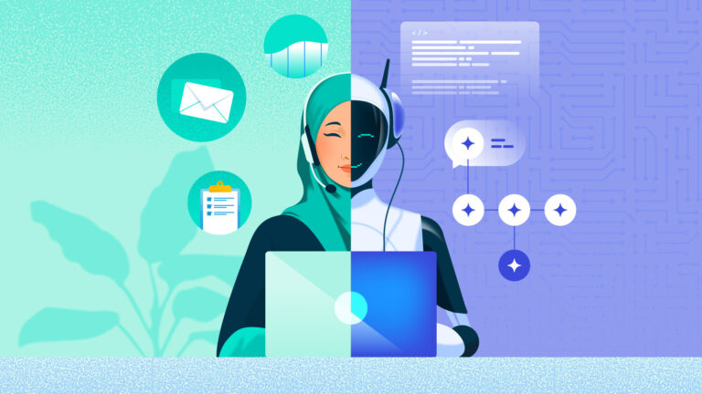 Human-AI collaboration: A half-human, half-robot person wearing a headset and working on a laptop.