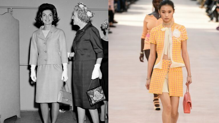 70 Years of the First Women’s Shoulder Bag Jacqueline Kennedy greets alumni at the White House Tea Party for Miss Porter's School, May 3, 1962; Model on the runway at the Chanel Spring 2025 ready-to-wear show in Paris.