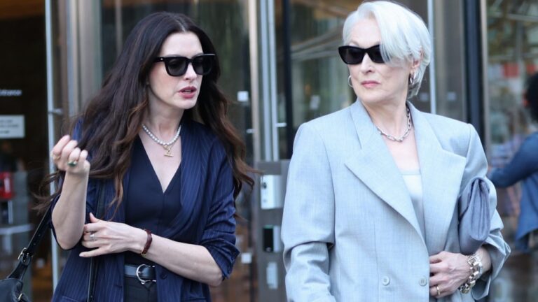 Anne Hathaway’s $27K Necklace & More Anne Hathaway and Meryl Streep filming The Devil Wears Prada 2 in New York City.