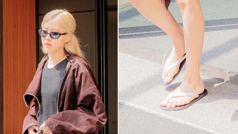 Blackpink's Rosé wears white flip-flop thong sandals while out in Milan on Friday.